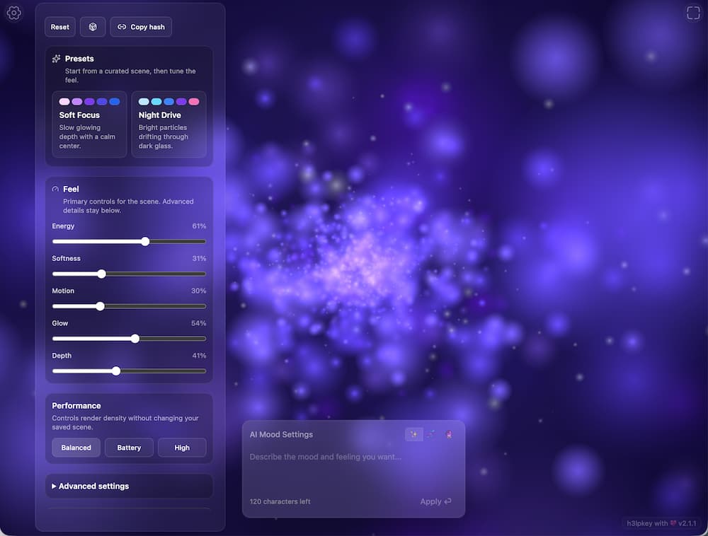 Blisters generative particle visual toy screenshot