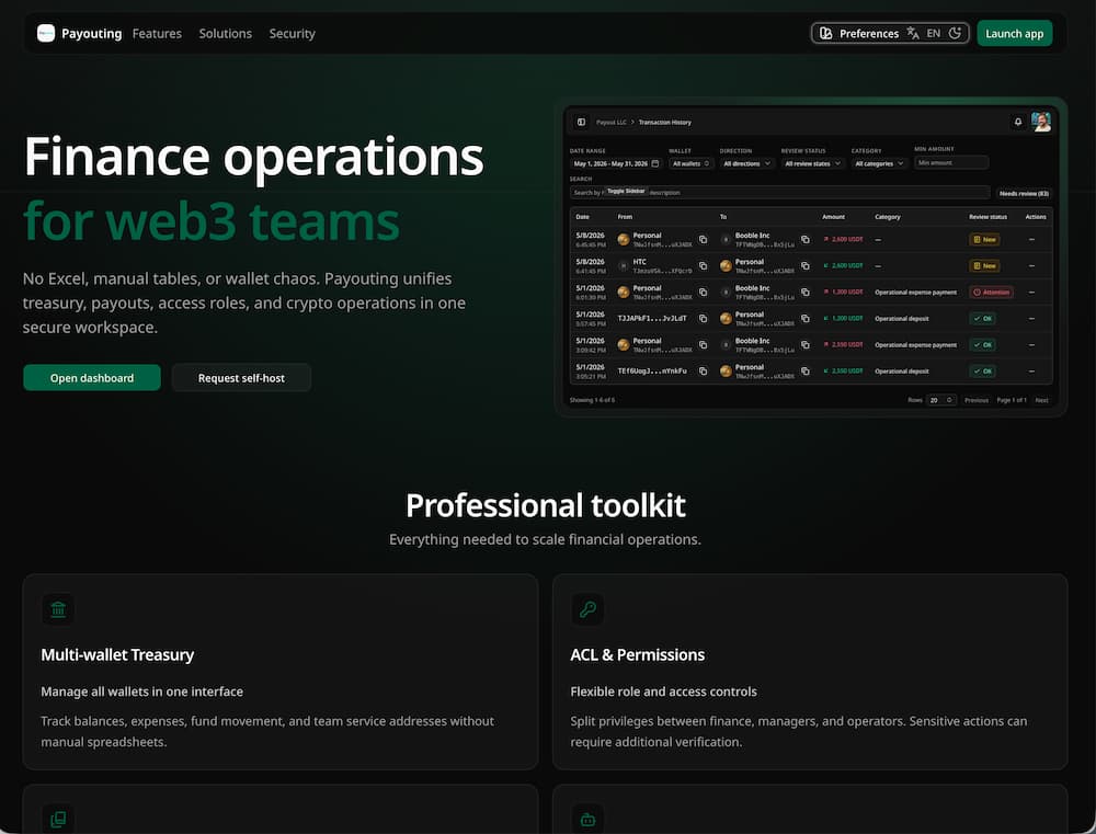 Payouting finance operations dashboard screenshot